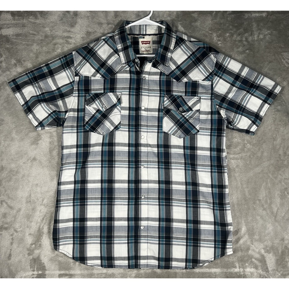 Levis Pearl‎ Snap Flannel Shirt Sz XL Standard short Sleeve Plaid Western Shirt